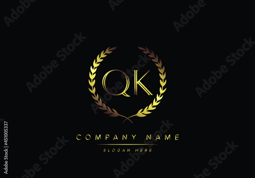 Alphabet letters QK monogram logo, gold color, luxury style photo