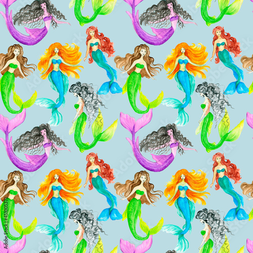 Seamless pattern Funny Color Seamless Pattern With Mermaids depicting marine life  ocean animals  sailor  Underwater multicolored seamless pattern.Watercolor background of the sea world with a cute me