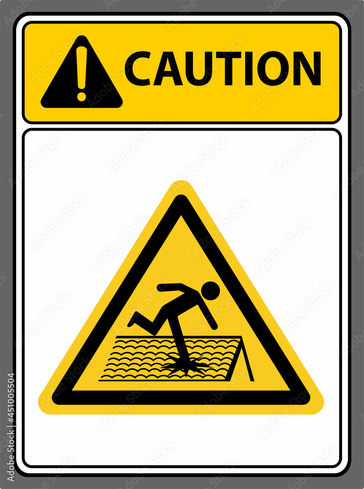 Please walk carefully as the roof is fragile.Caution sign. Please walk carefully as the roof is fragile.Caution sign.