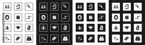 Set Syringe, Sun, Wild lion, Binoculars, Swiss army knife, African tree, Lighter and Mosquito icon. Vector