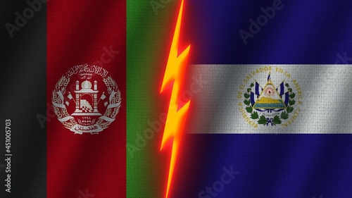 El Salvador and Afghanistan Flags Together, Wavy Fabric Texture Effect, Neon Glow Effect, Shining Thunder Icon, Crisis Concept, 3D Illustration