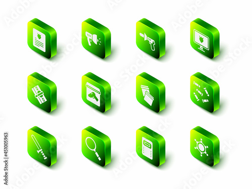 Set Police megaphone, database, Bullet, Hexagram sheriff, Plastic bag with ziplock, assault shield and Magnifying glass search icon. Vector