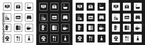 Set Bathtub with shower, Five stars rating review, Suitcase, Smart Tv, Hotel room bed, Wireless laptop, Coffee cup and Door handle icon. Vector