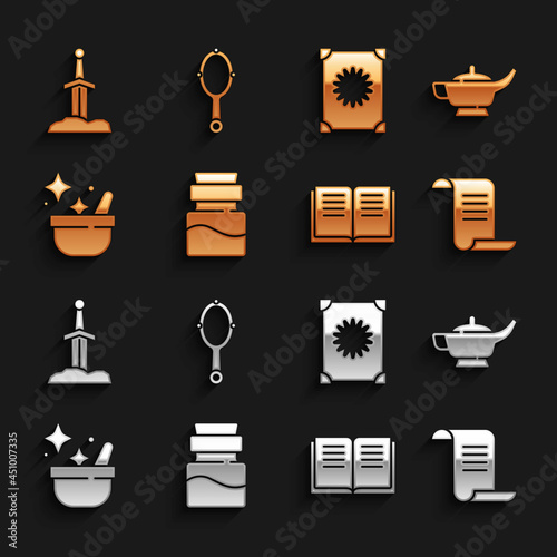 Set Bottle with potion, Magic lamp or Aladdin, Ancient magic book, Witch cauldron, Sword the stone and hand mirror icon. Vector