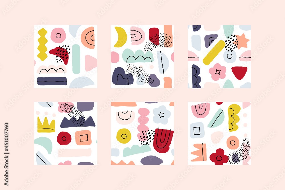Abstract seamless patterns with hand drawn doodle objects and various organic shapes. Contemporary multicolored vector design for modern wallpaper or packaging Abstract seamless patterns with hand drawn doodle objects and various organic shapes. Contemporary multicolored vector design for modern wallpaper or packaging