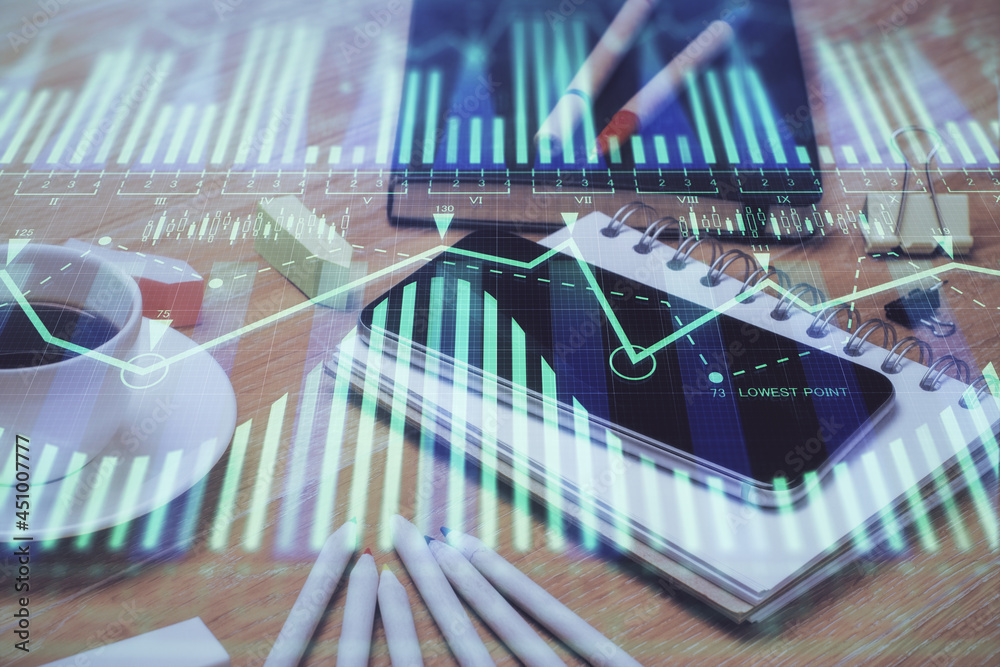 Double exposure of data theme drawing and mobile phone background. Concept of innovation Double exposure of data theme drawing and mobile phone background. Concept of innovation