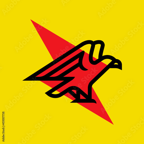 Bald eagle and lightning on yellow background. Bold line style logo mark template or icon of bird sits with wings spread