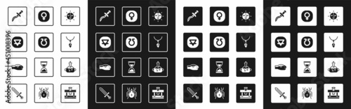 Set Sun, Life, Earth element, Dagger, Necklace with crystal, Venus, Poison in bottle and Snake icon. Vector