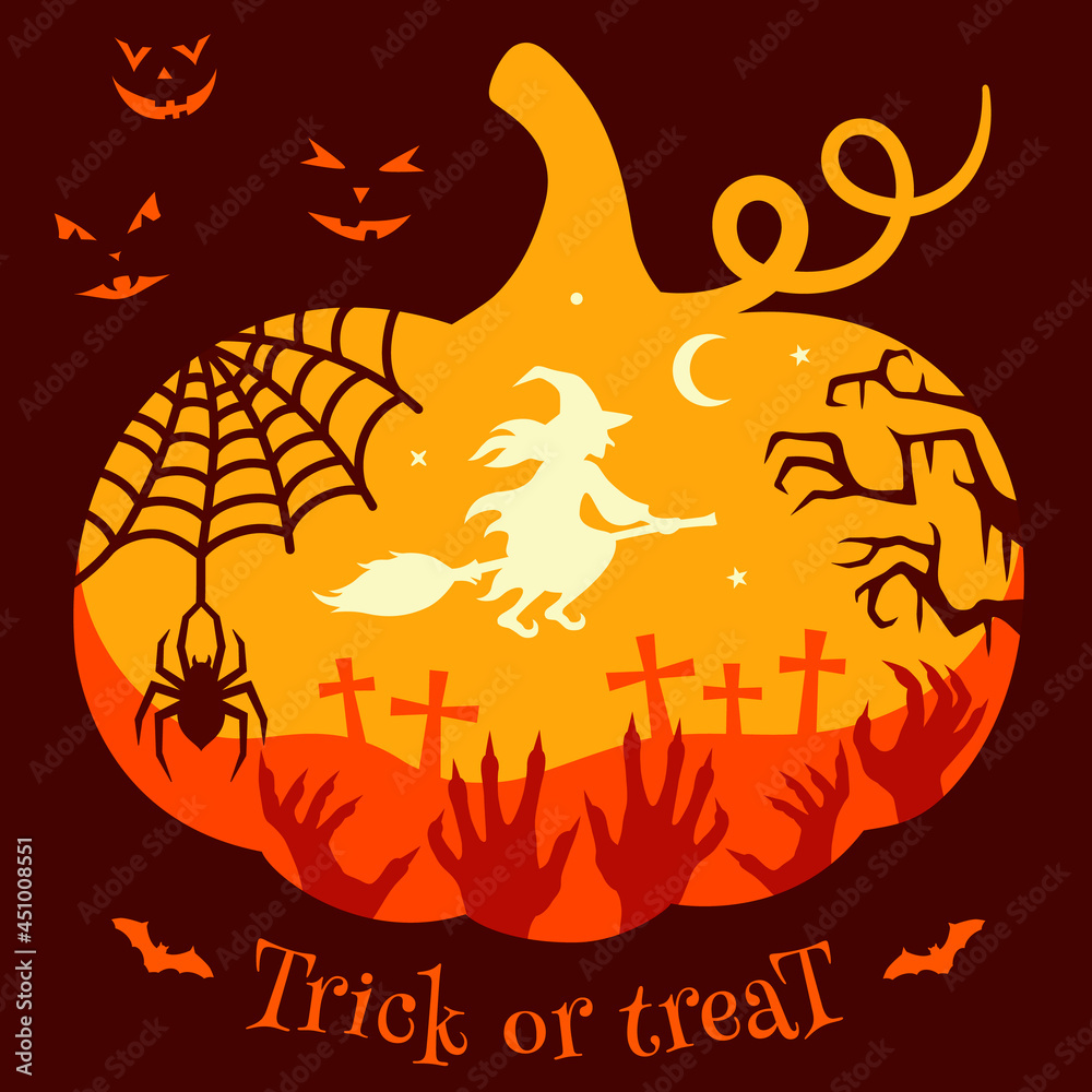 Halloween card with holiday symbols and quote trick or treat. Halloween design with a witch on a broomstick, a spider on a spiderweb, a pumpkin, the creepy hands of monsters and trees. Colorful concep