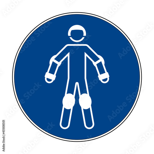 Wear protective roller sport equipment sign. Vector illustration of circular blue sign with man wearing body protectors. Head, palm, knee, wrist and elbow protector. Sport safety equipment symbol.