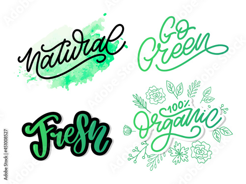 Go Green label, trendy brush lettering, inspirational phrase. Vegetarian concept. Vector calligraphy for vegan shop, cafe, restaurant menu, badges, stickers, banners, logos. Modern typography
