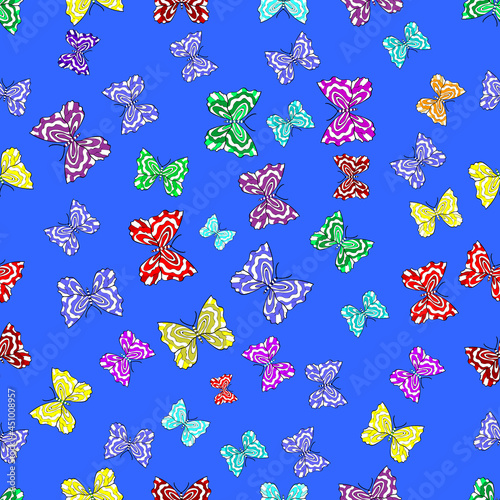 Seamless pattern with interesting doodles on colorfil background. Vector illustration. Butterflies.