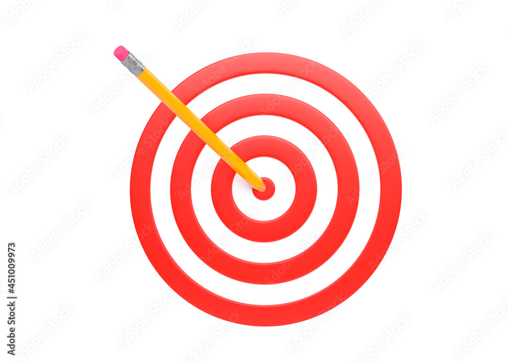 Pencil on the center of target isolated on white background. Business goal, achievement, success, education concept. Minimal creative design. 3d rendering illustration Pencil on the center of target isolated on white background. Business goal, achievement, success, education concept. Minimal creative design. 3d rendering illustration