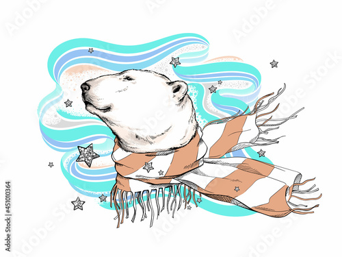 Cute polar bear in a scarf. Animal against the background of the northern lights and stars. Stylish image for printing on any surface
