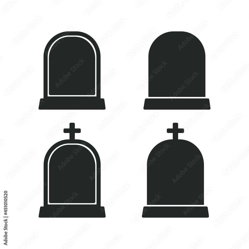 Gravestone with cross logo, tombstone icon, headstone silhouette vector clipart set. Simple flat modern design. - obrazy, fototapety, plakaty 