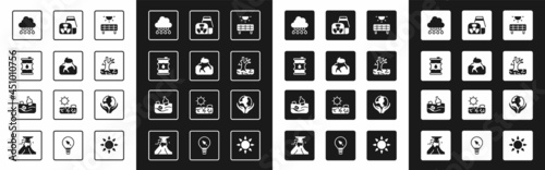 Set Solar energy panel, Deforestation, Barrel oil, Cloud with rain, Withered tree, Nuclear power plant, Hand holding Earth globe and Problem pollution of ocean icon. Vector