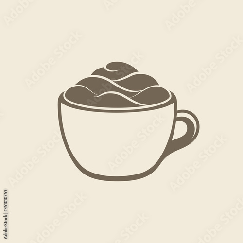 Cup of coffee beverage with foam and cream on mug silhouette. Simple minimal flat clip art, icon or logo for cafe shops, beverages, caffeine, restaurants, etc. Vector illustration.