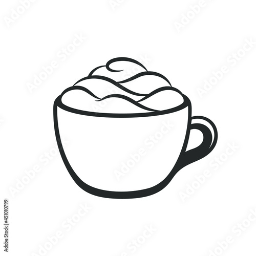 Cup of beverage with foam and cream on mug outline template. Simple minimal flat clip art, icon or logo for cafe shops, beverages, caffeine, restaurants, etc. Vector illustration.