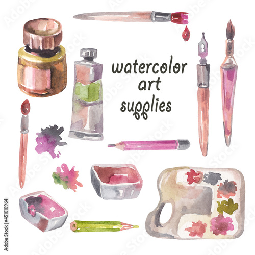 Art supplies set. Paints, palette, brushes, ink, pencil and ink. Watercolor illustration isolated on white background.