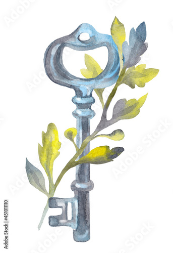 Vintage key and branch with leaves. Watercolor illustration for sticker design, diary design, postcards, flyers, labels.