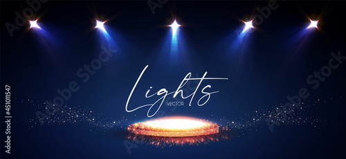 Shining spotlights and empty scene. Glittering abstract background.