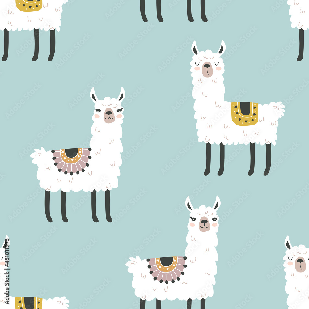 Seamless pattern with a cute llama animal on a colored background. Vector illustration for printing on fabric, packaging paper, clothing. Cute children's background
