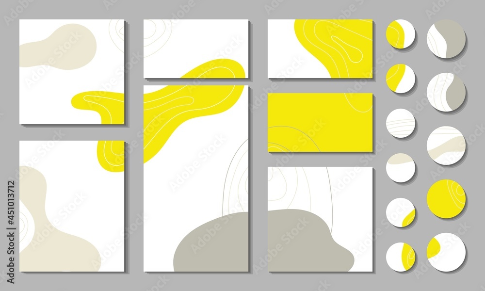 A set of templates for stories and posts. Vector illustration. Abstract spots in trendy colors of yellow and gray, curved lines. Square, landscape, portrait. Eps 10.