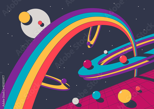 1980s Style Abstract Illustration, Geometric Shapes, Vintage Colors, Perspective Grid