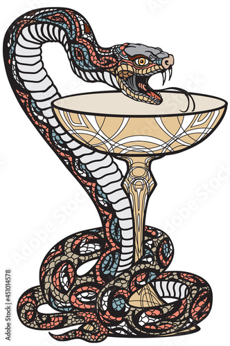 Bowl of Hygieia with a snake twined around it. Symbol of medicine and pharmacy. Graphic style vector illustration