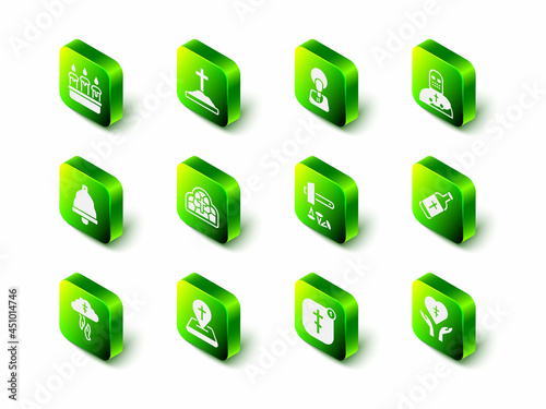 Set Grave with cross, Jesus Christ, Knight crusader, Holy water bottle, Religious in heart, Crucifixion of, Online church pastor preaching and Location building icon. Vector