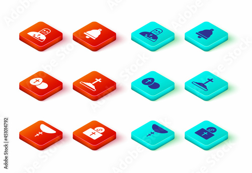 Set Christian cross on chain, Donation for church, Easter egg, Grave with, Church bell and Knight crusader icon. Vector