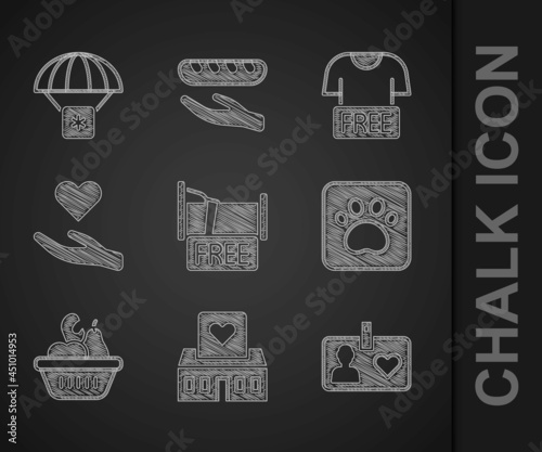 Set Free overnight stay house, Volunteer center, id card or badge, Paw print, Donation food box, Heart hand, Clothes donation and Humanitarian aid icon. Vector