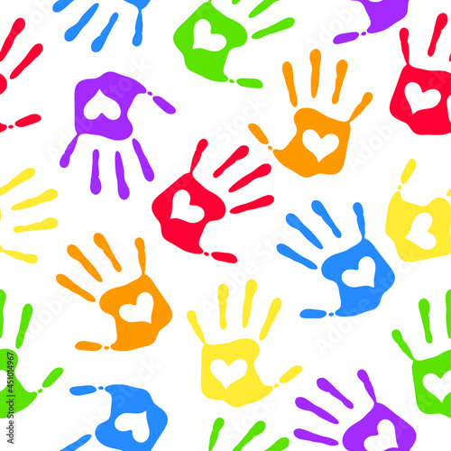 Rainbow hands seamless pattern, vector illustration.  Texture for fabric, wrapping, wallpaper. Decorative print.