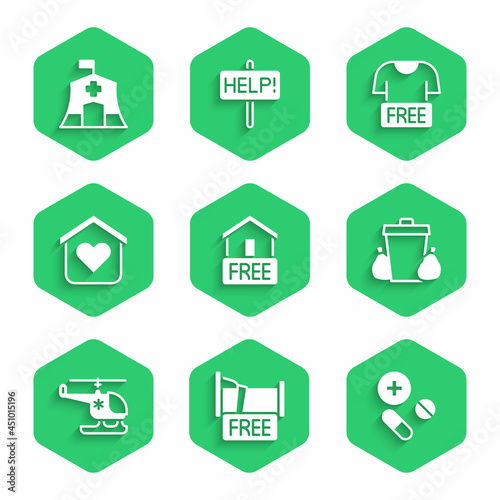 Set Free home delivery, overnight stay house, Medicine pill or tablet, Trash can, Rescue helicopter, Shelter for homeless, Clothes donation and Emergency medical tent icon. Vector
