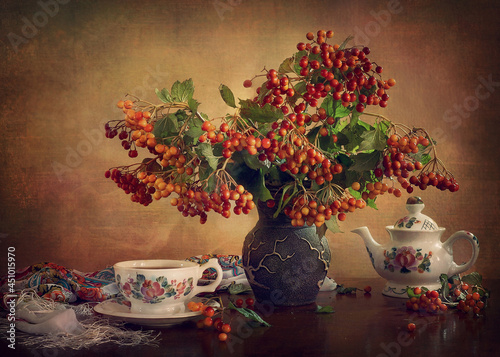 still life with tea and flowers
