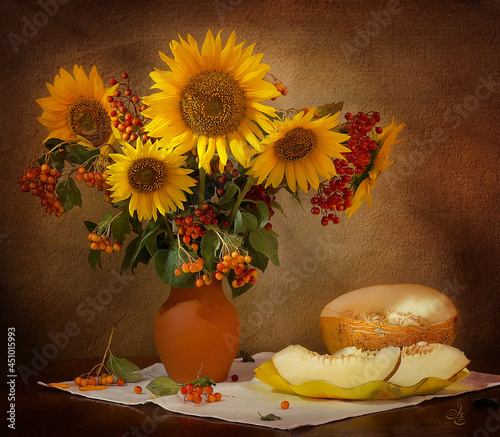 still life with sunflowers and melon