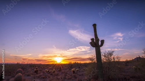 A time-lapse of the sunset (from dusk to almost dark) over the desert near Scottsdale, Arizona with the silhouette of a Saguaro cactus in the foreground.