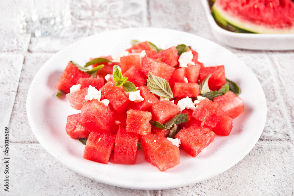 Salad with watermelon, feta cheese and mint leaf Salad with watermelon, feta cheese and mint leaf