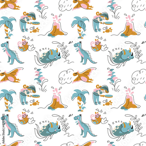 Dinosaurs and paleontologist, fabric with infant pattern,  doodle print, seamless vector