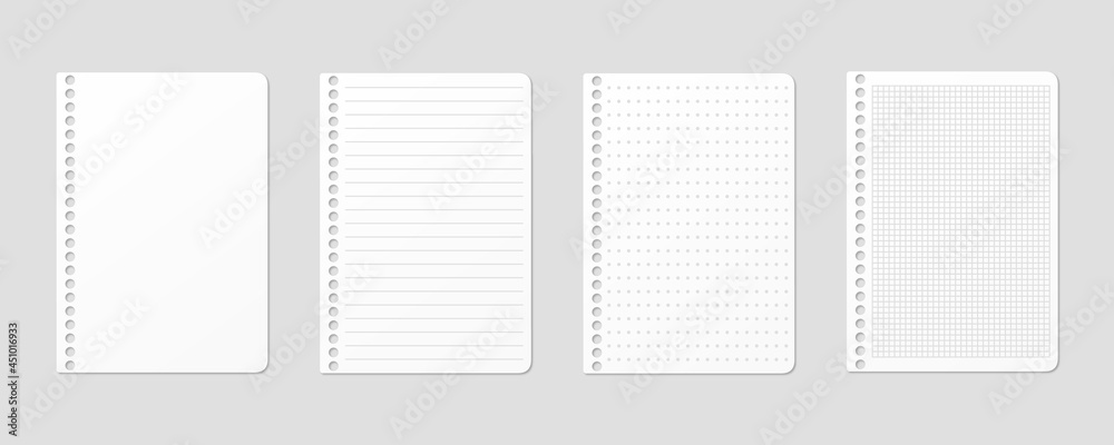 Ruled, gridded and dotted sheets. Blank sheets of notebook with grid for homework and exercises. Creative vector illustration mock up diary. Ruled, gridded and dotted sheets. Blank sheets of notebook with grid for homework and exercises. Creative vector illustration mock up diary.