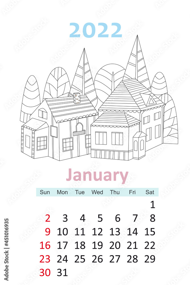 coloring book calendar 2022. cute houses surrounded by trees. ja