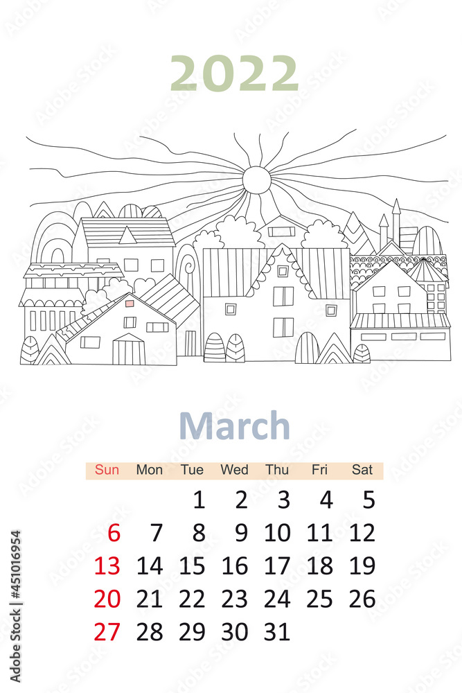 coloring book calendar 2022. cute houses with sun in the sky. ma