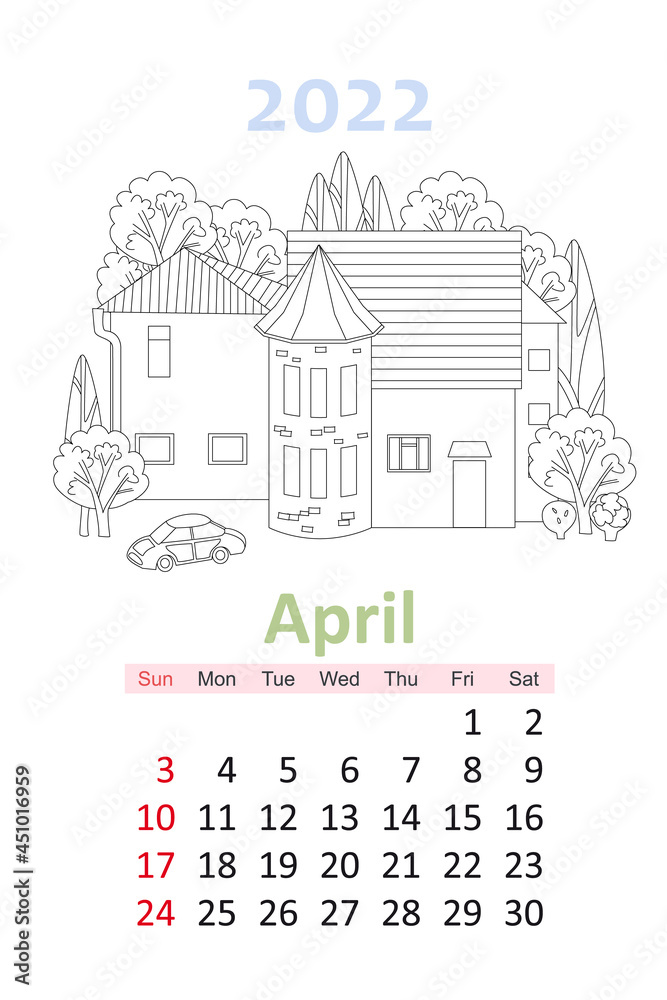 coloring book calendar 2022. retro house with tower surrounded b