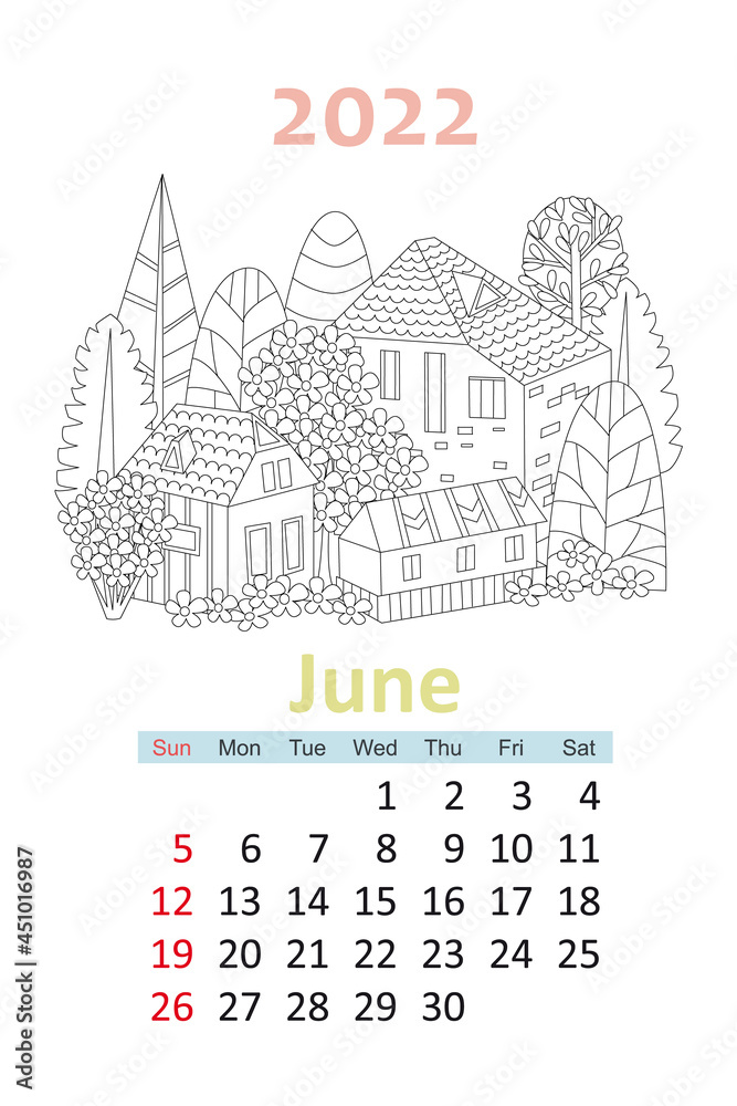 coloring book calendar 2022. cute houses surrounded by flowering