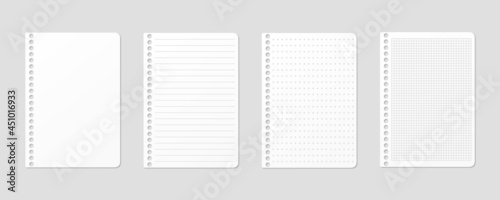 Ruled, gridded and dotted sheets. Blank sheets of notebook with grid for homework and exercises. Creative vector illustration mock up diary.