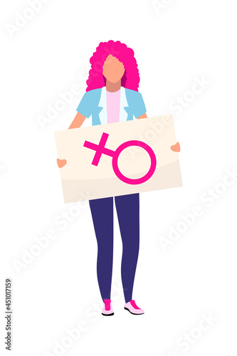 Woman with female sign placard semi flat color vector character. Full body person on white. Supporting gender equality isolated modern cartoon style illustration for graphic design and animation