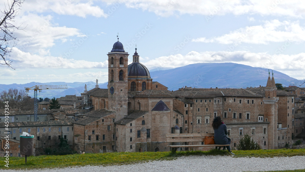 Panoramic view of the Ducal Palace of Urbino medieval walled town and university in Marche, Italy a popular travel destination