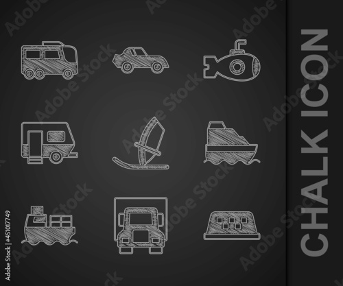 Set Windsurfing, Delivery cargo truck, Taxi roof, Cruise ship, Cargo with boxes delivery, Rv Camping trailer, Submarine and Bus icon. Vector