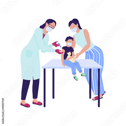 Kid getting covid vaccine semi flat color vector characters. Full body people on white. Protect child immunity from disease isolated modern cartoon style illustration for graphic design and animation © The img
