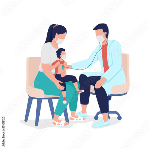 Going to doctor with kid semi flat color vector characters. Full body people on white. Checking child body with stethoscope isolated modern cartoon style illustration for graphic design and animation